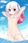  1girl bikini blue_sky breasts frilled_bikini frills hanakoizumi_yoruno original parted_lips red_eyes side_ponytail sky small_breasts summer swimsuit water white_hair 