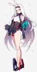  animal_ears armband ban bare_shoulders bulge bunny_ears collarbone covered_navel eyebrows_visible_through_hair frills full_body hairband halterneck highres long_hair looking_at_viewer looking_to_the_side original silver_hair standing thick_eyebrows wind yellow_eyes 