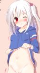  1girl hanakoizumi_yoruno hood hood_down hoodie hoodie_lift long_sleeves medium_hair naked_hoodie navel no_panties one_eye_closed original parted_lips red_eyes side_ponytail tears white_hair 