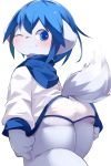  anthro aoino blinking blue_eyes blue_hair blush briefs butt canid canine canis clothing clothing_pull cub domestic_dog fur hair hoodie looking_back mammal one_eye_closed simple_background solo underwear white_fur white_underwear young 