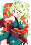  1girl alternate_costume animal_ears blue_eyes blush breasts brown_gloves cowboy_shot diana_cavendish eyebrows_visible_through_hair gloves hys-d light_green_hair little_witch_academia long_hair multicolored_hair ponytail sash sleeveless solo sparkle sweatdrop two-tone_hair 