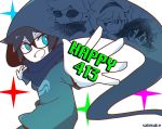  1boy anniversary black_hair blue_eyes bright_pupils dave_strider highres homestuck hood jade_harley john_egbert male_focus rose_lalonde sabisuke_(be) simple_background white_background white_skin 