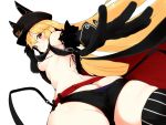  1girl armpits asana_tsukune ass back belt black_gloves black_headwear black_legwear blonde_hair blurry bra breasts brown_eyes butt_crack commentary crop_top from_behind from_below fur_trim gloves hair_between_eyes hat highres himitsu_kessha_schwarzschild long_hair looking_at_viewer looking_back medium_breasts midriff pinstripe_legwear red_belt sideboob simple_background smile solo standing striped striped_legwear thighhighs toudou_chloe underboob underwear very_long_hair virtual_youtuber white_background 