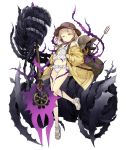  1girl backpack bag blonde_hair briar_rose_(sinoalice) flat_chest frills full_body giant_hand hat hip_bones jacket ji_no looking_at_viewer navel off_shoulder official_art one_eye_closed polearm ribbon sandals sinoalice solo stuffed_toy swimsuit tattoo thorns transparent_background trident weapon yellow_eyes 
