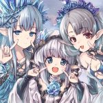  3girls blue_eyes blue_hair blush breasts character_request collarbone commentary_request erin_(granblue_fantasy) granblue_fantasy grey_hair hair_ornament highres hood hooded_jacket jacket kuroi_mimei lily_(granblue_fantasy) long_hair looking_at_viewer multiple_girls open_mouth pointing pointing_at_self pointy_ears portrait red_eyes short_hair small_breasts tia_(granblue_fantasy) tiara 