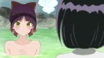  2girls akagi_(fmttps) black_hair blush bow closed_mouth collarbone eyebrows_visible_through_hair frown gegege_no_kitarou hair_bow hanako-san_(gegege_no_kitarou) looking_at_another multiple_girls nekomusume nekomusume_(gegege_no_kitarou_6) nude onsen pale_skin partially_submerged purple_hair red_bow short_hair upper_body water wet yellow_eyes 