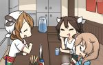  3girls =_= alternate_costume apron bandanna braid brown_eyes brown_hair chopsticks commentary_request counter dated eyes_closed food glass hair_between_eyes hair_ribbon hamu_koutarou highres italia_(kantai_collection) kantai_collection light_brown_hair littorio_(kantai_collection) long_hair minegumo_(kantai_collection) multiple_girls noodles noren pitcher ramen red_eyes ribbon shirt sleeves_rolled_up tone_(kantai_collection) twin_braids twintails upper_body white_shirt 