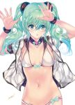  1girl :o bikini bracelet breasts eyebrows_visible_through_hair glasses green_eyes green_hair hair_ornament hands_up hatsune_miku jewelry lowleg lowleg_bikini min-naraken navel open_clothes open_mouth open_shirt signature silver_bikini simple_background small_breasts solo swimsuit treble_clef twintails vocaloid white_background 