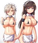  2girls apron armband azur_lane bangs bikini_top black_bikini_top blue_eyes braid breasts brown_hair cleavage closed_mouth collarbone cowboy_shot erect_nipples eyebrows_visible_through_hair hair_over_one_eye highres legs_together looking_at_viewer maid_apron maid_headdress micro_bikini_top mistynight multiple_girls navel newcastle_(azur_lane) sheffield_(azur_lane) short_hair silver_hair smile straight_hair thighs underboob waist_apron white_apron yellow_eyes 