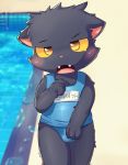  anthro black_fur blush bulge cheese_a clothing cub cute_fangs domestic_cat felid feline felis fur hi_res looking_at_viewer male mammal one-piece_swimsuit pool_(disambiguation) school_swimsuit solo standing swimsuit text young 