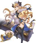  1girl absurdres bangs black_gloves blonde_hair blue_eyes boots breasts draph dress eyebrows_visible_through_hair gloves granblue_fantasy hand_up hat highres holding horns juliet_sleeves large_breasts leg_up long_sleeves looking_at_viewer pointy_ears puffy_sleeves rastina shiny shiny_clothes shiny_hair simple_background smile solo teffish thigh_boots thighhighs white_background 