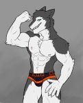  abs absurd_res anthro athletic biceps big_muscles black_fur blue_eyes bulge claws clothed clothing countershading discordnight dog_tags dragon drooling flexing front_view fur grey_fur hair hi_res looking_at_viewer male mammal multicolored_fur muscular muscular_male navel obliques open_mouth pecs portrait pose saliva solo three-quarter_portrait tongue tongue_out topless triceps two_tone_fur underwear white_countershading white_fur 