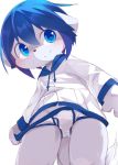 anthro aoino blue_eyes blue_hair blush briefs bulge canid canine canis clothing cub domestic_dog fur hair hoodie male mammal simple_background solo standing tighty_whities underwear underwear_pull white_fur white_underwear young 