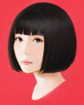  1girl black_eyes black_hair bob_cut commentary_request cropped_shoulders highres ilya_kuvshinov lips looking_at_viewer matsuoka_mayu nose portrait real_life realistic red_background short_hair simple_background solo 