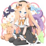  1girl abigail_williams_(fate/grand_order) animal_ears bangs black_bow black_headwear black_legwear black_skirt blonde_hair blue_eyes blush bow cat_ears fate/grand_order fate_(series) forehead gloves hair_bow high-waist_skirt highres kamu_(geeenius) long_hair looking_at_viewer open_mouth orange_bow parted_bangs polka_dot polka_dot_bow puffy_short_sleeves puffy_sleeves shirt short_sleeves sitting skirt solo stuffed_animal stuffed_toy teddy_bear tentacle thighhighs wariza white_background white_gloves white_shirt 