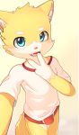  anthro blue_eyes briefs bulge canid canine cheese_a clothing cub fox hi_res looking_at_viewer male mammal open_mouth red_underwear shirt simple_background standing underwear v_sign young 