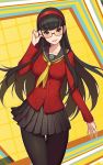  amagi_yukiko bangs black_eyes black_hair black_legwear blunt_bangs breasts cardigan cowboy_shot eyebrows_visible_through_hair glasses hairband highres houndstooth kugi_ta_hori_taira lips long_hair long_sleeves looking_at_viewer medium_breasts pantyhose parted_lips persona persona_4 pleated_skirt red-framed_eyewear school_uniform semi-rimless_eyewear serafuku sidelocks skirt smile thigh_gap under-rim_eyewear very_long_hair 