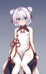  1girl :o bangs bare_shoulders blue_eyes blush breasts china_dress chinese_clothes commentary_request double_bun dress eyebrows_visible_through_hair feet_out_of_frame gradient gradient_background grey_background groin hair_between_eyes highres honkai_(series) honkai_impact_3 knees_together_feet_apart kuro_(kuronell) looking_at_viewer nose_blush parted_lips pelvic_curtain side_bun silver_hair sitting sleeveless sleeveless_dress small_breasts solo theresa_apocalypse thighhighs white_legwear wrist_cuffs 