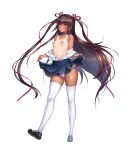  00s aoi_nagisa_(metalder) blush breasts brown_hair dark_skin full_body game_cg hair_ribbon highres lilith-soft long_hair mizuki_yukikaze nipples official_art pink_eyes ribbon school_uniform small_breasts solo taimanin_(series) taimanin_asagi taimanin_rpgx taimanin_yukikaze taimanin_yukikaze_2 tan tanline thighhighs 