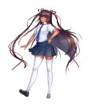  00s aoi_nagisa_(metalder) blush breasts brown_hair dark_skin full_body game_cg hair_ribbon highres lilith-soft long_hair mizuki_yukikaze official_art pink_eyes ribbon school_uniform small_breasts taimanin_(series) taimanin_asagi taimanin_rpgx taimanin_yukikaze taimanin_yukikaze_2 tan tanline thighhighs 