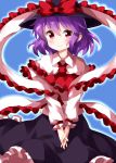  1girl ascot bangs black_headwear black_skirt blue_background capelet eyebrows_visible_through_hair eyes_visible_through_hair frilled_capelet frilled_shawl frills hair_between_eyes hat hat_ribbon highres interlocked_fingers looking_at_viewer medium_hair nagae_iku outline purple_hair red_eyes red_frills red_neckwear red_ribbon ribbon ruu_(tksymkw) shawl shirt simple_background skirt smile solo touhou v_arms white_capelet white_shirt wing_collar 