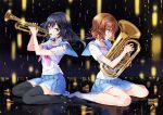  2girls back-to-back black_hair black_legwear blue_skirt brown_eyes brown_hair collarbone crying euphonium eyebrows_visible_through_hair floating_hair from_side full_body hands_up hibike!_euphonium instrument kneehighs kousaka_reina light_blue_skirt long_hair looking_at_viewer mouthpiece multiple_girls neckerchief necktie no_shoes oumae_kumiko pink_neckwear pleated_skirt profile purple_eyes reflection sailor_collar school_uniform see-through serafuku short_hair short_sleeves sitting skirt socks thighhighs tiv trumpet wariza wavy_hair white_legwear 