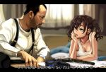  1boy 1girl breasts brown_eyes brown_hair chin_rest cleavage commentary_request crossover gun hair_between_eyes handgun highres idolmaster idolmaster_cinderella_girls ikea_shark leaning_forward leon_(leon_the_professional) leon_the_professional letterboxed looking_at_another mole mole_under_eye open_mouth pistol playstation_controller sharp_teeth short_twintails small_breasts stuffed_animal stuffed_shark stuffed_toy subtitled sunazuka_akira tank_top tdnd-96 teeth translated twintails weapon white_tank_top 