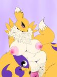  2018 anthro black_sclera blue_eyes breasts canid canine clitoris digimon digimon_(species) digital_media_(artwork) female fluffy fluffy_tail fur inverted_nipples mammal multicolored_fur navel navel_piercing neck_tuft neom-daddy nipples piercing pose pubes pussy renamon solo spread_pussy spreading thick_thighs tuft two_tone_fur white_fur yellow_fur 