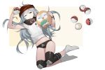  1girl assault_rifle bandanna bird brown_eyes commentary_request creatures_(company) g11_(girls_frontline) game_freak gen_7_pokemon girls_frontline gun h&amp;k_g11 highres jizhi_shaojiu knee_pads long_hair looking_at_viewer lying navel nintendo panties poke_ball pokemon pokemon_(creature) rifle rowlet shirt simple_background sleepy socks underwear weapon 