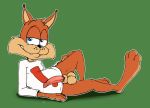  ! anthro balls blue_eyes bobcat bottomless bubsy bubsy_(series) claws clothed clothing emenius erection felid feline fur half-closed_eyes looking_at_viewer lying lynx male mammal on_side penis precum shirt smile solo video_games 