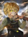  1girl absurdres ahoge blonde_hair blood blood_on_face fur_trim gloves glowing glowing_eyes grin gun hair_between_eyes highres long_sleeves matching_hair/eyes military military_uniform ponytail rifle smile solo tanya_degurechaff uniform weapon yellow_eyes youjo_senki 