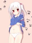  1girl absurdres bangs blue_hoodie blush bow bow_panties commentary_request embarrassed eyebrows_visible_through_hair furrowed_eyebrows hanakoizumi_yoruno highres hood hood_down hoodie hoodie_lift long_sleeves medium_hair naked_hoodie navel original panties paw_background red_eyes side_ponytail simple_background underwear white_hair white_panties 