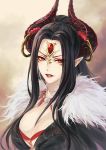  1girl black_hair breasts cleavage colored_eyelashes facepaint forehead_jewel fur_trim horn_ring horns isa_(peien516) jewelry large_breasts lipstick long_hair looking_at_viewer makeup necklace pointy_ears red_eyes smile solo thunderbolt_fantasy upper_body xing_hai 