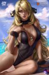  1girl artist_name beach blonde_hair blue_sky breasts cameltoe cloud creatures_(company) cynthia day eyelashes feet fur_collar fur_trim game_freak hair_ornament hair_over_one_eye half-closed_eyes hand_on_own_chest highleg highleg_swimsuit highres jewelry large_breasts lips logan_cure long_hair looking_at_viewer master_ball necklace nintendo nose ocean outdoors poke_ball pokemon sky sleeveless solo swimsuit very_long_hair watermark web_address wet yellow_eyes 