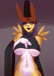  2019 anthro big_breasts black_nose black_sclera blue_eyes breasts canid canine claws clothed clothing digimon digimon_(species) digital_media_(artwork) dipstick_ears doomthewolf facial_markings female glowing glowing_eyes hi_res mammal markings navel open_mouth signature solo taomon under_boob 