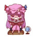  1girl bangs barefoot bespectacled blue_ribbon blunt_bangs book chibi commentary_request crescent crescent_hair_ornament dress full_body glasses globe hair_ornament hat hat_ribbon holding holding_book jitome long_hair lowres mob_cap patchouli_knowledge purple_dress purple_eyes purple_hair purple_headwear red_ribbon ribbon simple_background sitting snozaki solo touhou very_long_hair white_background 