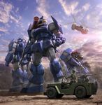  aircraft clenched_hands cloud commentary_request day forest ground_vehicle gun helicopter helmet highres jeep mecha military military_uniform missile_pod morishita_naochika motor_vehicle nature official_art outdoors soltic_h8rf_roundfacer_kolchima_special taiyou_no_kiba_dougram tree uniform weapon 