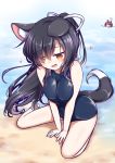  2girls :d @_@ animal_ears asphyxiation azur_lane bare_arms bare_legs beach black_hair commentary dog_ears dog_tail drowning heart hestia_(neko_itachi) kemonomimi_mode looking_at_viewer multiple_girls ocean open_mouth orange_eyes ponytail red_hair sand school_swimsuit shigure_(azur_lane) shiratsuyu_(azur_lane) short_twintails sitting smile swimsuit tail twintails wariza 