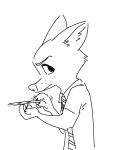 2018 ambiguous_gender anthro black_and_white canid canine claws clothed clothing disney fox fuel_(artist) holding_object looking_at_viewer mammal monochrome motion_lines nail_file necktie nick_wilde red_fox simple_background solo white_background zootopia 