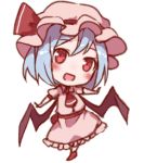  1girl :d ascot bangs bat_wings blue_hair blush commentary_request dress eyebrows_visible_through_hair full_body hat hat_ribbon head_tilt looking_at_viewer lowres mob_cap open_mouth outstretched_arms pink_dress pink_headwear red_eyes red_footwear red_neckwear red_ribbon red_sash remilia_scarlet ribbon sash shoes short_hair simple_background smile snozaki solo standing touhou white_background wings 