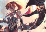  1girl bangs bare_shoulders breasts charging expressionless floating_hair gloves glowing glowing_eyes hair_ornament highres large_breasts long_hair looking_afar mecha_musume mechanical_arms mechanical_legs mechanical_tail namahamu913 original ponytail scorpion_tail sidelocks solo tail weapon wind 