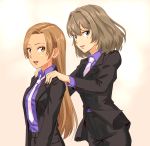  2girls :d anbj black_jacket black_pants blue_eyes brown_eyes brown_hair collared_shirt dress_shirt hands_on_another&#039;s_shoulder idolmaster idolmaster_cinderella_girls jacket long_hair long_sleeves looking_at_viewer matsunaga_ryou mole mole_under_eye multiple_girls necktie open_clothes open_jacket open_mouth pants purple_shirt shirt short_hair smile standing takagaki_kaede white_background white_neckwear wing_collar 