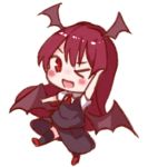  &gt;_o 1girl ;d arm_up ascot bangs black_legwear black_skirt black_vest blush chibi commentary_request demon_wings full_body head_wings koakuma long_hair looking_at_viewer lowres one_eye_closed open_mouth red_eyes red_footwear red_hair red_neckwear shoes short_sleeves simple_background skirt skirt_set smile snozaki solo standing standing_on_one_leg thighhighs touhou very_long_hair vest white_background wings 