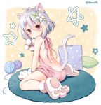  1girl animal_ear_fluff animal_ears backless_outfit bangs bare_back bare_shoulders blush cat_ears cat_girl cat_tail commentary_request eyebrows_visible_through_hair flower gloves hair_between_eyes hair_flower hair_ornament kemonomimi_mode kokkoro_(princess_connect!) looking_at_viewer looking_to_the_side mauve meme_attire paw_gloves paw_shoes paws pillow pink_sweater pointy_ears polka_dot princess_connect! princess_connect!_re:dive ribbed_sweater shoe_soles shoes silver_hair sitting solo star sweater tail twitter_username virgin_killer_sweater wariza white_flower white_gloves yarn yarn_ball 