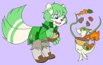  2019 anthro clothed clothing digital_media_(artwork) duo felid fur green_fur hair hebleh hi_res male male/male mammal meowstic nintendo open_mouth pok&eacute;mon pok&eacute;mon_(species) simple_background smile solo standing tongue video_games white_fur 