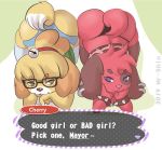  &lt;3 &lt;3_eyes 2019 animal_crossing anthro blonde_hair blue_eyes bracelet canid canine canis cherry_(animal_crossing) clothed clothing dialogue digital_media_(artwork) domestic_dog duo ear_piercing english_text eyewear female glasses green_eyes hair hi_res isabelle_(animal_crossing) jewelry legwear looking_at_viewer mammal nintendo panties piercing shih_tzu shinsuke signature smile spiked_bracelet spikes take_your_pick text toy_dog underwear video_games 