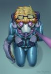  2019 5_fingers anthro blonde_hair blue_background blue_nose blue_skin bulge canid canine canis clothing collar domestic_dog ember-dragoness eyewear fingerless_(marking) flopped_ears girly glasses hair harness high-angle_view hypnosis kneeling leash looking_at_viewer looking_up male mammal mind_control multicolored_hair orange_hair rubber rubber_suit simple_background submissive_male two_tone_hair 