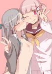  2girls :p bangs blue_eyes blunt_bangs blush cheek-to-cheek female flat_chest grey_hair multiple_girls nipples one_eye_closed open_clothes open_shirt original pink_background pink_hair sailor_collar simple_background sleeves_past_wrists tongue tongue_out unomiki v 