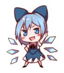  1girl :d arm_up bangs black_footwear black_neckwear black_ribbon blue_bow blue_dress blue_eyes blue_hair blush bow chibi cirno commentary_request dress full_body hair_bow hand_on_hip ice ice_wings index_finger_raised looking_at_viewer lowres neck_ribbon open_mouth pinafore_dress ribbon shoes short_hair simple_background smile snozaki solo standing touhou v-shaped_eyebrows white_background wings 