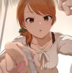 1girl alternate_hairstyle ao_(aocooler) blurry bow bra_strap brown_eyes brown_hair casual collarbone depth_of_field foreshortening hair_bow hands houjou_karen idolmaster idolmaster_cinderella_girls jewelry looking_at_viewer nail_polish necklace parted_lips ponytail ribbed_sweater solo sweater 